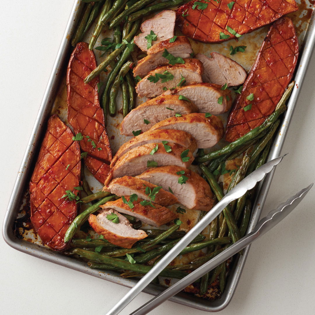 maple chili pork and sweet potato sheet pan dinner