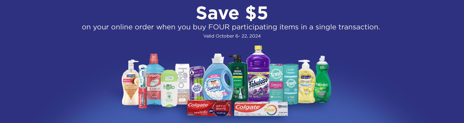 save $5 on your online order with the purchase of 4 participating items