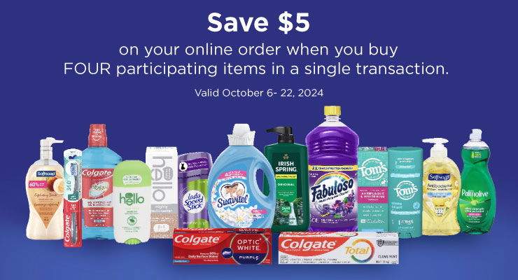 save $5 on your online order when you buy four participating items