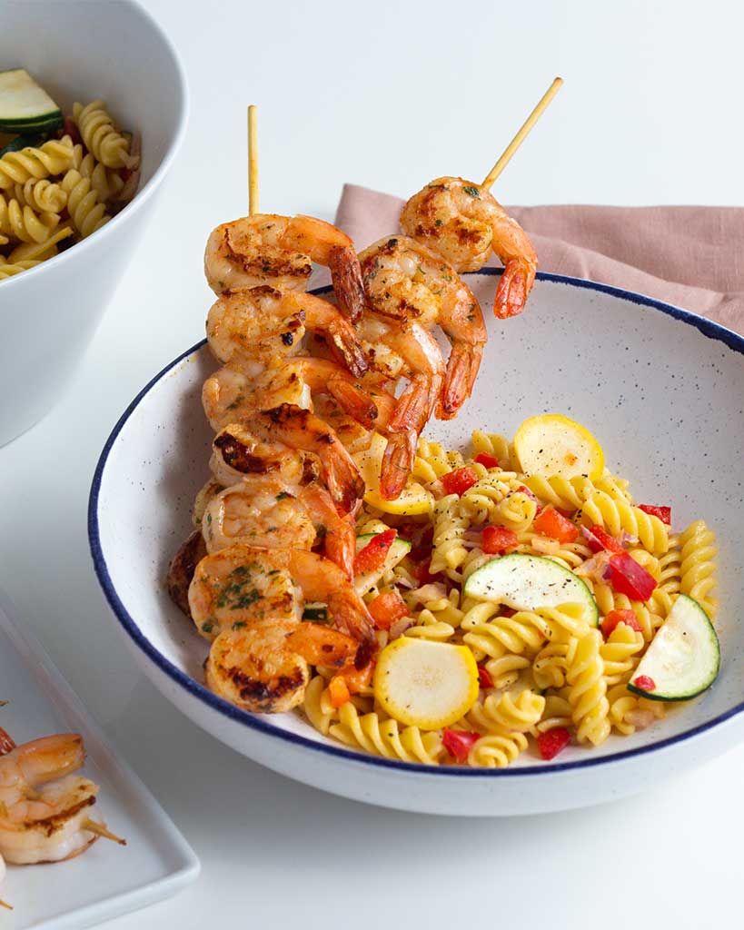 Shrimp Skewers and Veggie Pasta