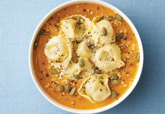 Pumpkin, Carrot, and Onion Soup with Tortellini 