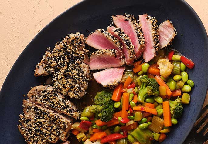 Seared Sesame Ahi Tuna Steaks with Veggies