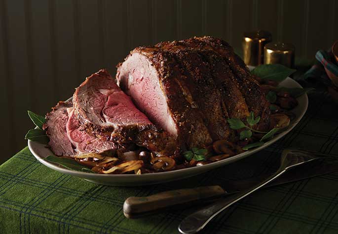 Standing Rib Roast with Mushrooms, Onion, and Jus